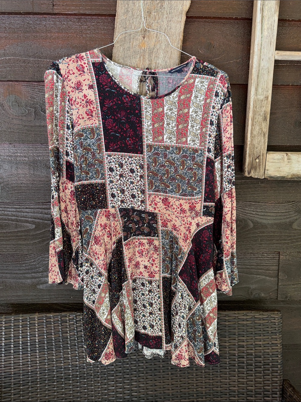 American Eagle Outfitters Patchwork Floral Babydoll Tunic in Pink Gold and Black